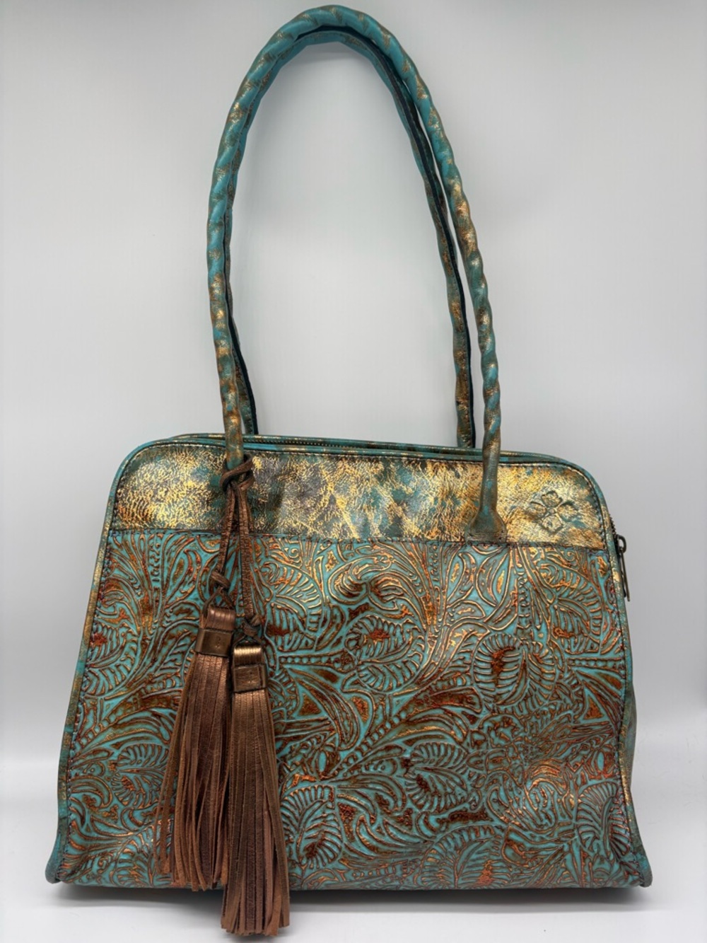 Patricia Nash Leather Turquoise Copper Embossed Tooled Floral Design Tote Bag